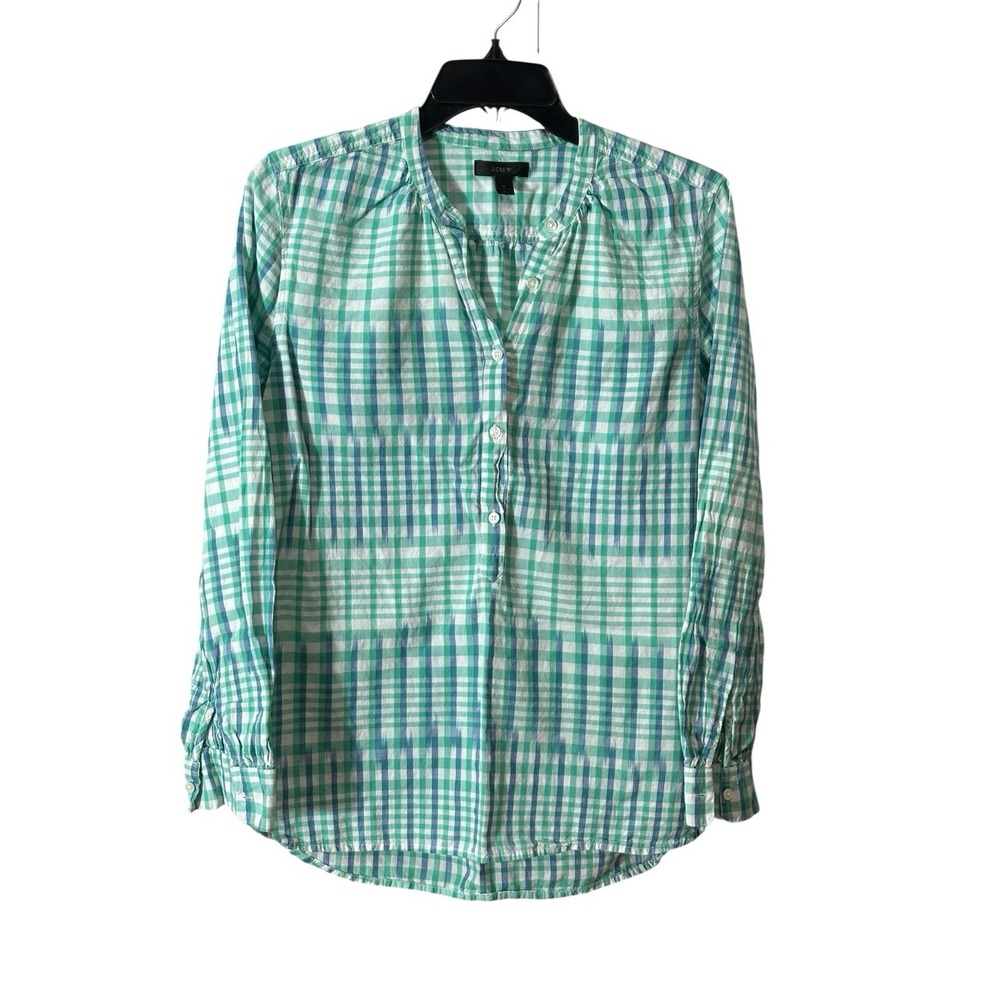 J Crew Womens Green Blue White Plaid Button Down Long Sleeve‎ Top Sz 4 #BB11-2